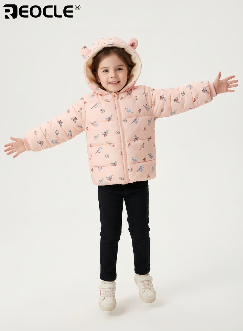 REOCLE Kid's Winter Coat with Bird Design and Thickened Warmth Boy Girl Padded Jacket with Plush Trim for Cold Weather Wear - Image 3